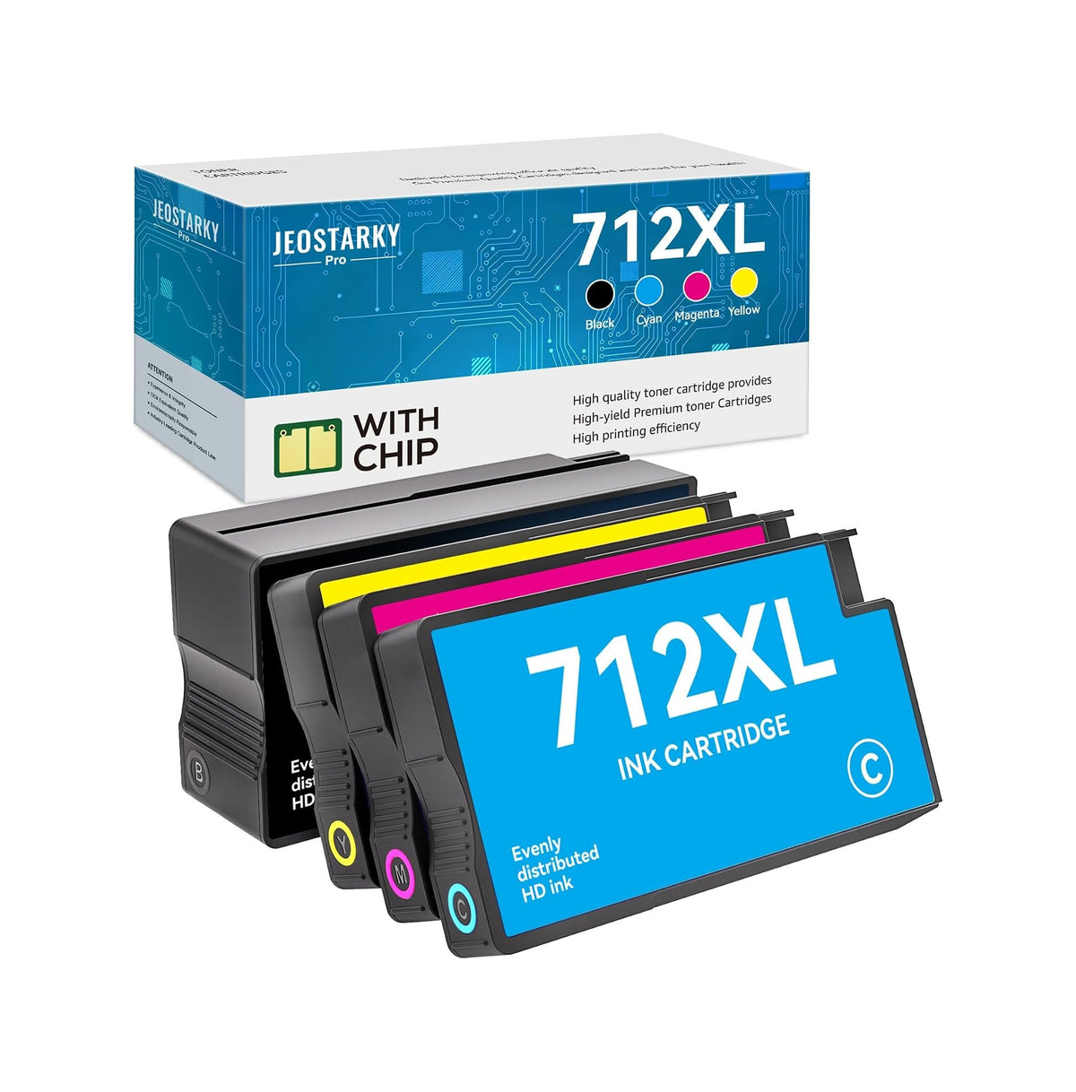 JEOSTARKY PRO 适用于 HP 712XL 的兼容墨盒四色套装（黑青品黄 4 支）